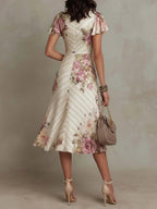 Alba | Elegant Retro Blomstret Satengmidikjole