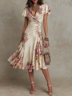 Alba | Elegant Retro Blomstret Satengmidikjole
