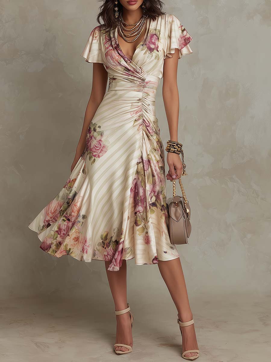 Alba | Elegant Retro Blomstret Satengmidikjole