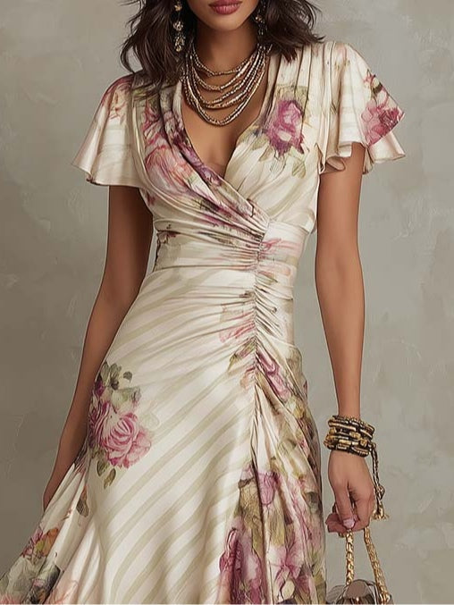 Alba | Elegant Retro Blomstret Satengmidikjole