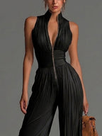 Abigail | V-Hals Ærmeløs Jumpsuit i Chiffon med Vide Ben